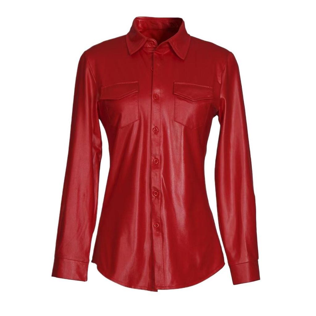 Women's Casual Long-Sleeve Faux PU Leather Jacket with Chest Pocket