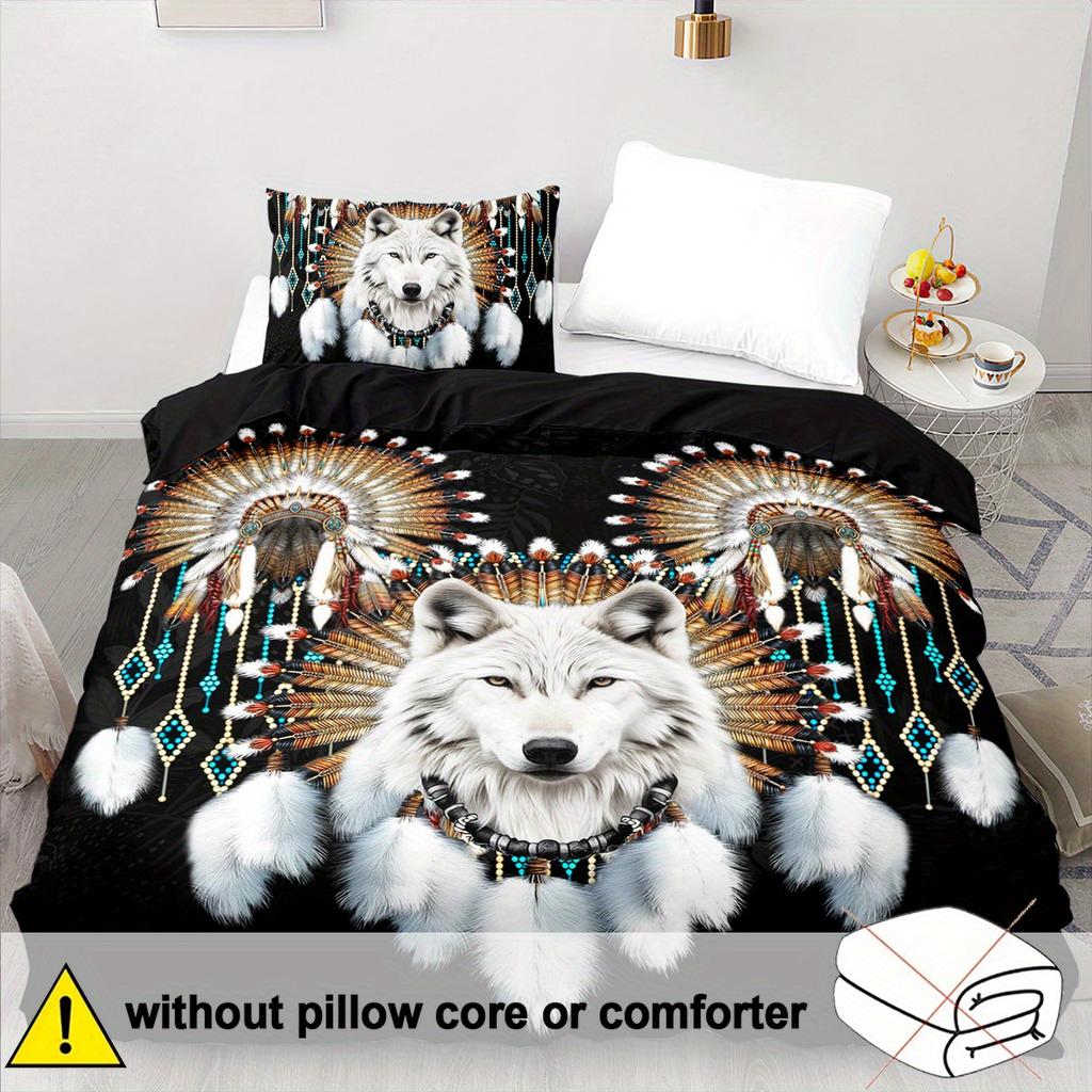 3pcs Soft Comfortable Wolf Duvet Cover Sets King Western Tribe Wolf Bedding Set Animal Print Duvet Cover Sets for Bedroom