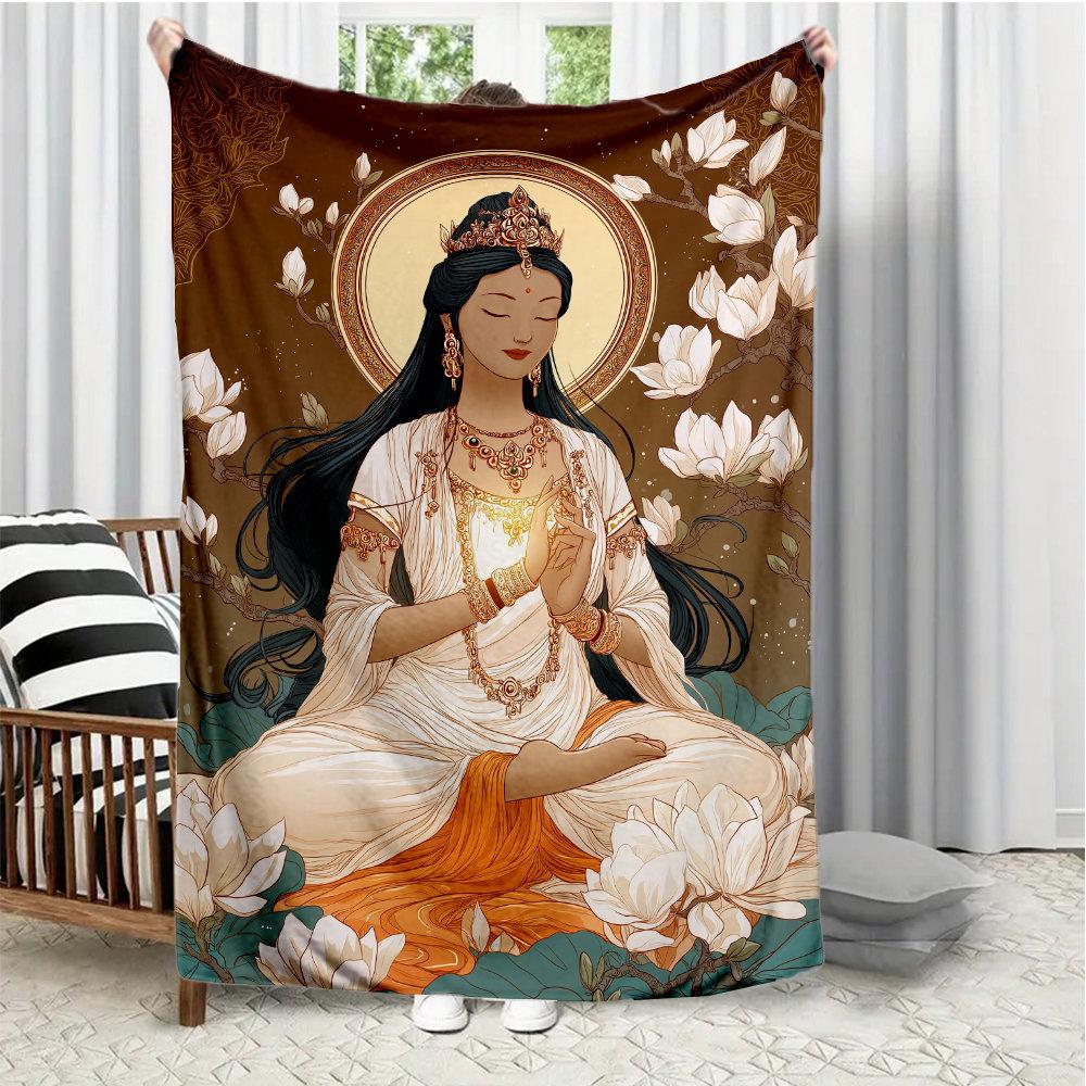 

Buddhist statue of Guanyin Flannel printed blanket suitable for all seasons suitable for living room office sofa and travel 75x90cm