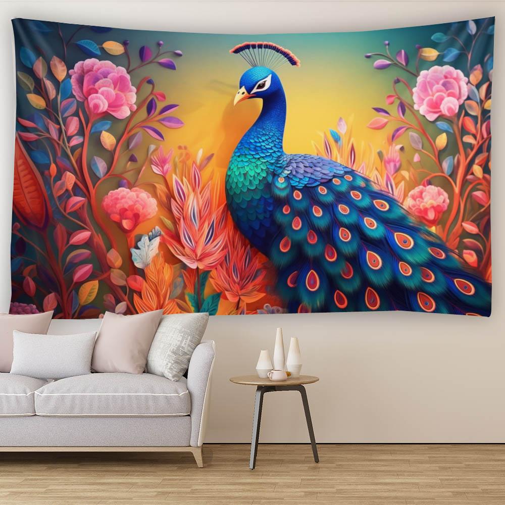 Colorful Peacock Tree Branches Flower Tapestry Wall Hanging for Bedroom Office Elegant Home Decor Creative Gift