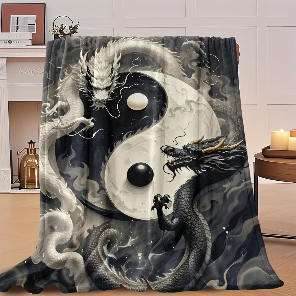 1pc Black and White Dragon Yin Yang Floral Print Flannel Throw Blanket - Soft High-Definition Digital Print, All-Season Comfort