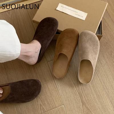 Moda SUOJIALUN 2025 Autunno Donna Scarpe Ciabatte Basse Moda Vera Pelle Punta Tonda Slip-On Pantofola Morbida Sandali Casual Ciabatte Sh