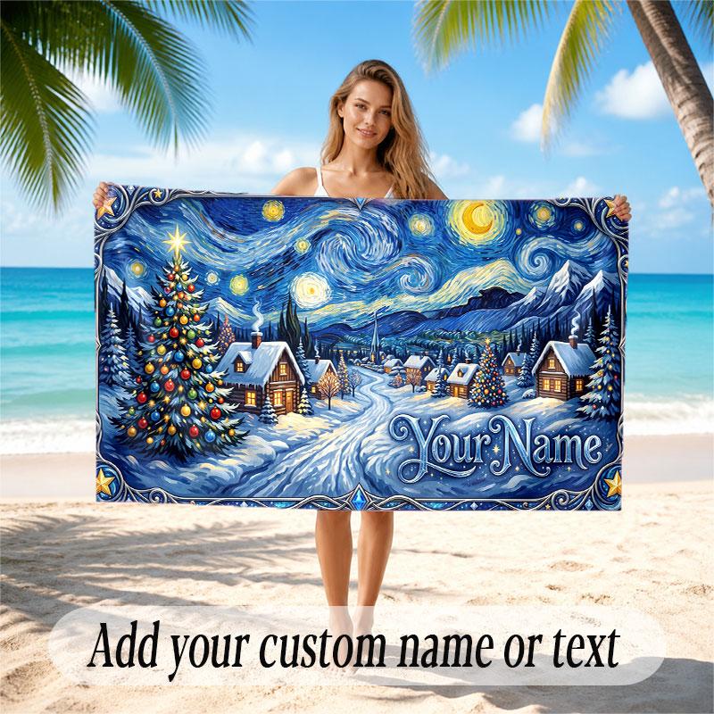 Christmas Winter Theme Soft Beach Towel Personalized Custom Name Text Towel Portable for Beach Pool Travel