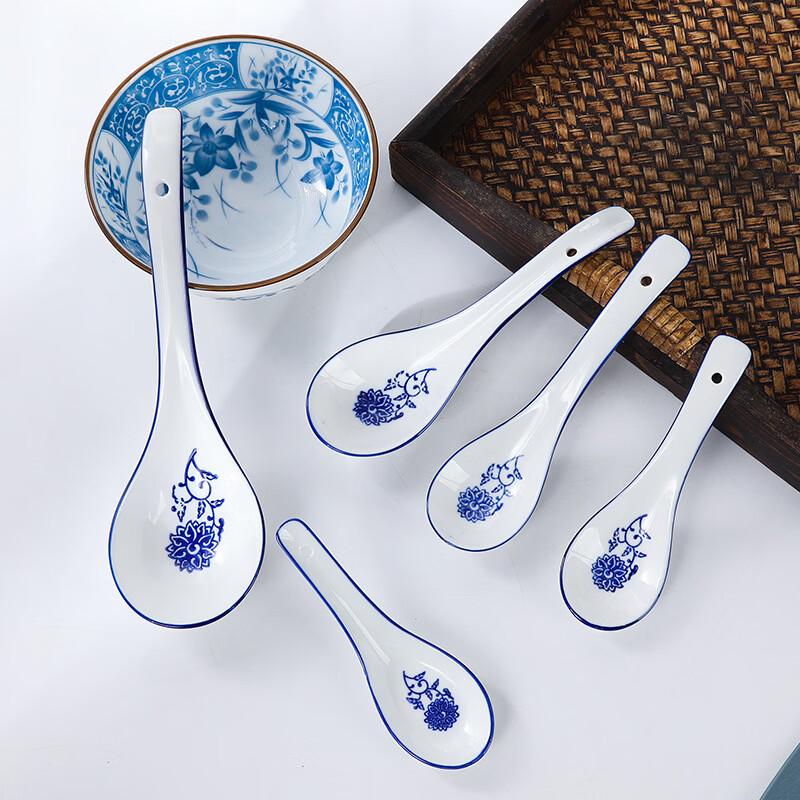 European Style Blue & White Ceramic Long Handle Soup Spoons