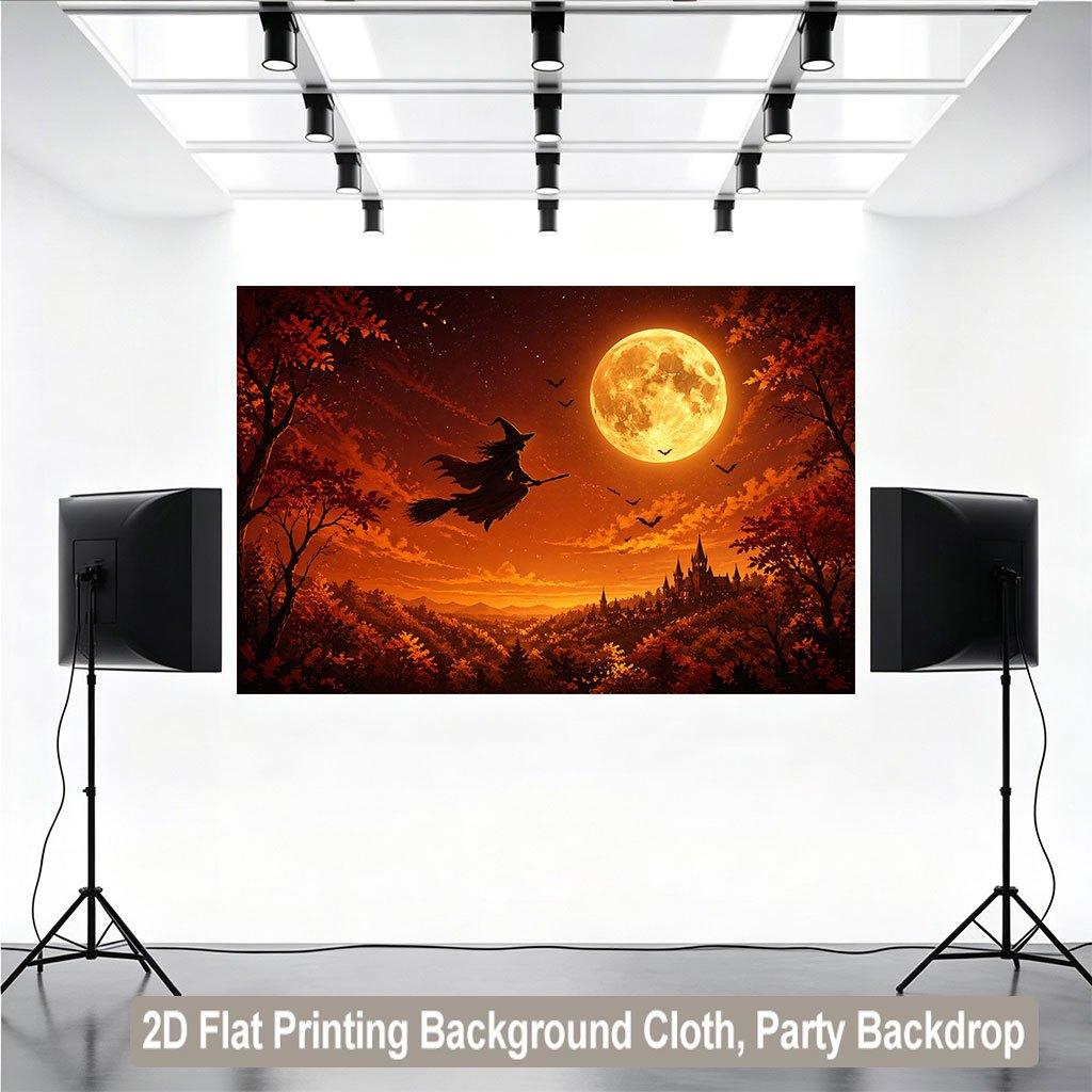 1 piece of 2D flat background fabric banner of the wizard's night sky flight with the moon castle background.PMJ