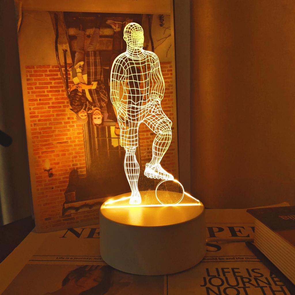 Luz de noite 3D de jogador de futebol monocromático, luz de presente de aniversário e feriado, luz de atmosfera para decoração de quarto