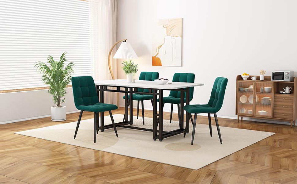 120x70cm Schwarzer Esstisch mit 4 Stühlen Set, Modernes Küchen-Esstisch-Set, Dunkelgrüne Samt-Esstischstühle, Tisch mit schwarzem Eisengestell