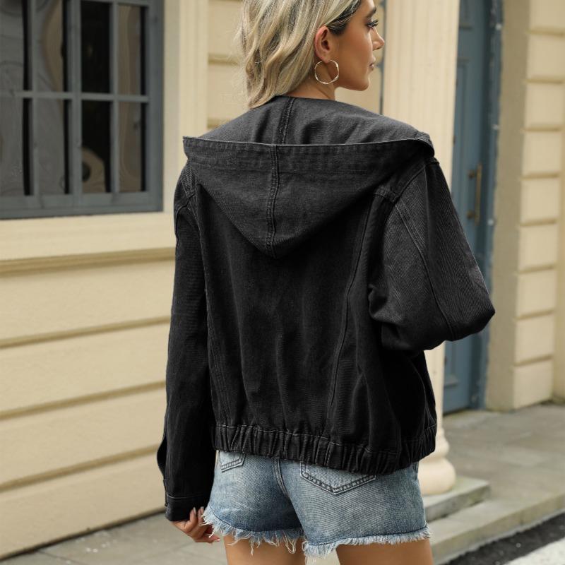 Washed Hooded Denim Jacket Loose Long Sleeve Casual Outerwear For Women