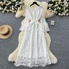 France Vintage Hollow Out Evening Dress Women Sashes V-Neck Flare Sleeve Crochet Elegant Dress Female Casual Chic Clothing