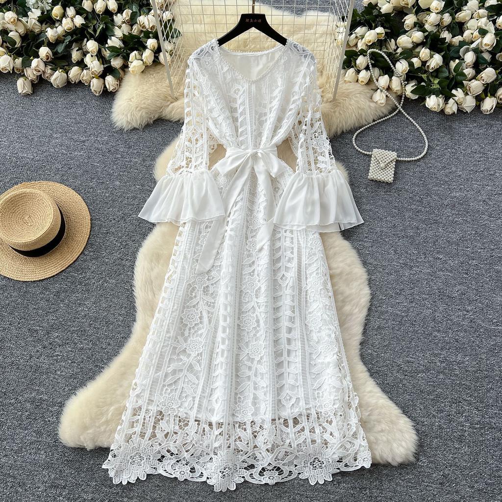 France Vintage Hollow Out Evening Dress Women Sashes V-Neck Flare Sleeve Crochet Elegant Dress Female Casual Chic Clothing