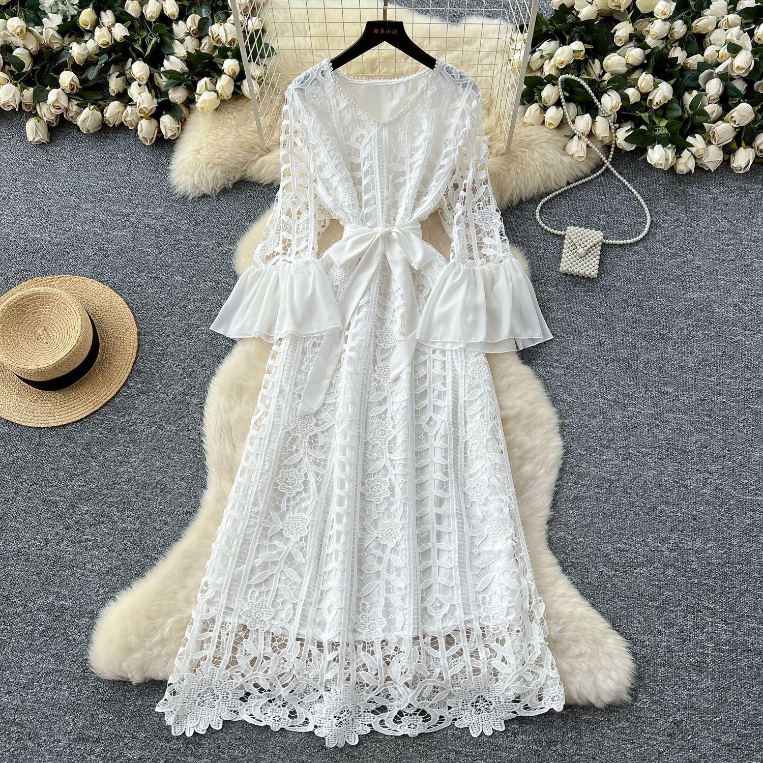 

Франция Винтажное Вечернее Платье с Ажурным Узором Женское Пояса V-образный Вырез Рукав-клеш Крючком Элегантное Платье Женская Повседневная Шикарная Одежда One Size белый