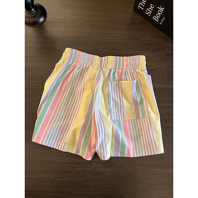 Sweet Girl Rainbow Striped Pajama Pants Women s Summer Loose Large Size Home Pants Short Pants Elastic Drawstring Color Vertical Stripe Shorts S