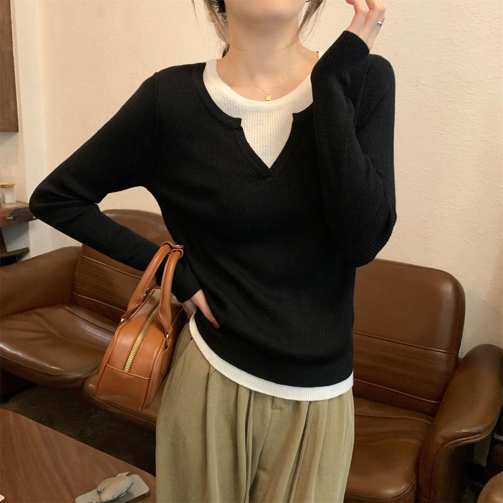 Soft waxy fake two-piece V-neck sweater women's 2025 spring Japanese lazy style long-sleeved inner top knitted bottoming shirt