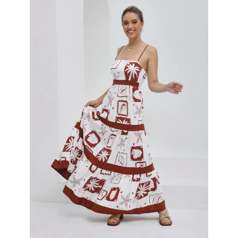 VEZFAA Women's Fashion Summer Spring Colour Block Print Sleeveless Suspenders High Waist Casual Dresses
