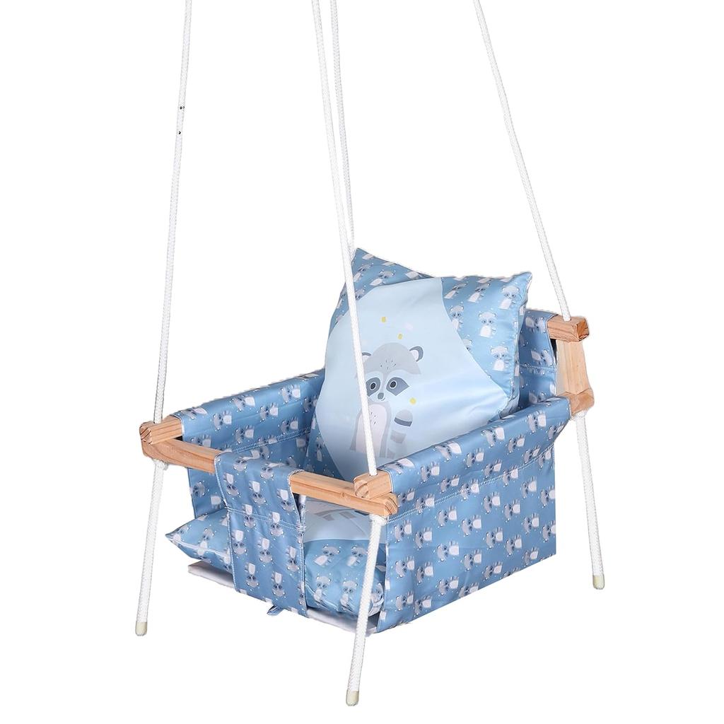 Swing for Kids, Baby Swing Hanging Indoor Outdoor, Kids Wooden Swing, Baby Garden Swing, Jhula for Kids with 2 Pillow (Blue Fox)