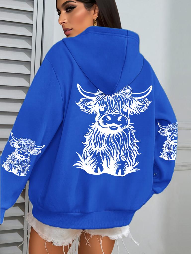 Süßer Haar-Kuh-Cartoon-Druck Kapuzenpullover Damen Fleece Herbst Streetwear Bequemer Lässiger Hoodie Y2K Tasche All-Match Kapuzenpullover