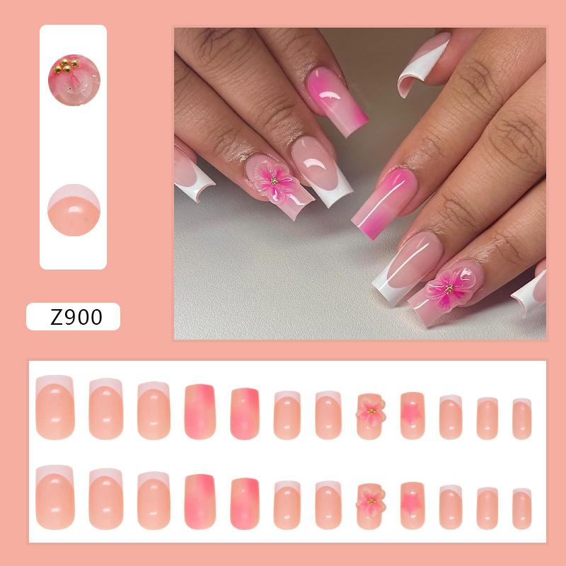 French Manicure Patch Simple Removable Nail Three-Dimensional Flower Wearing Nail Smudging Manicure Piece 24 Fake Nails