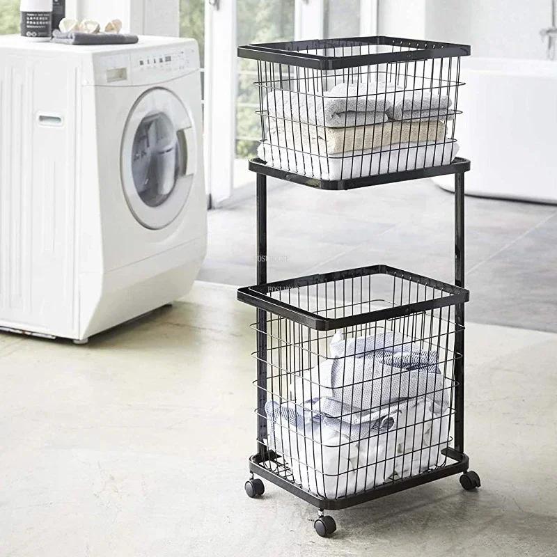 For Laundry Baskets Iron Dirty Clothes Basket with Wheels Change Clothes Basket Household Bathroom Double Layer Storage Shelf