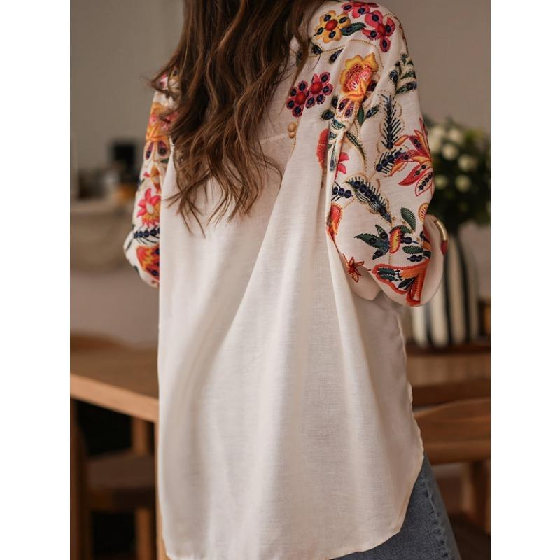 Damen Neues Frühjahr und Sommer Modisches Lockeres Langärmeliges Blumenprint Hemd Oberteile