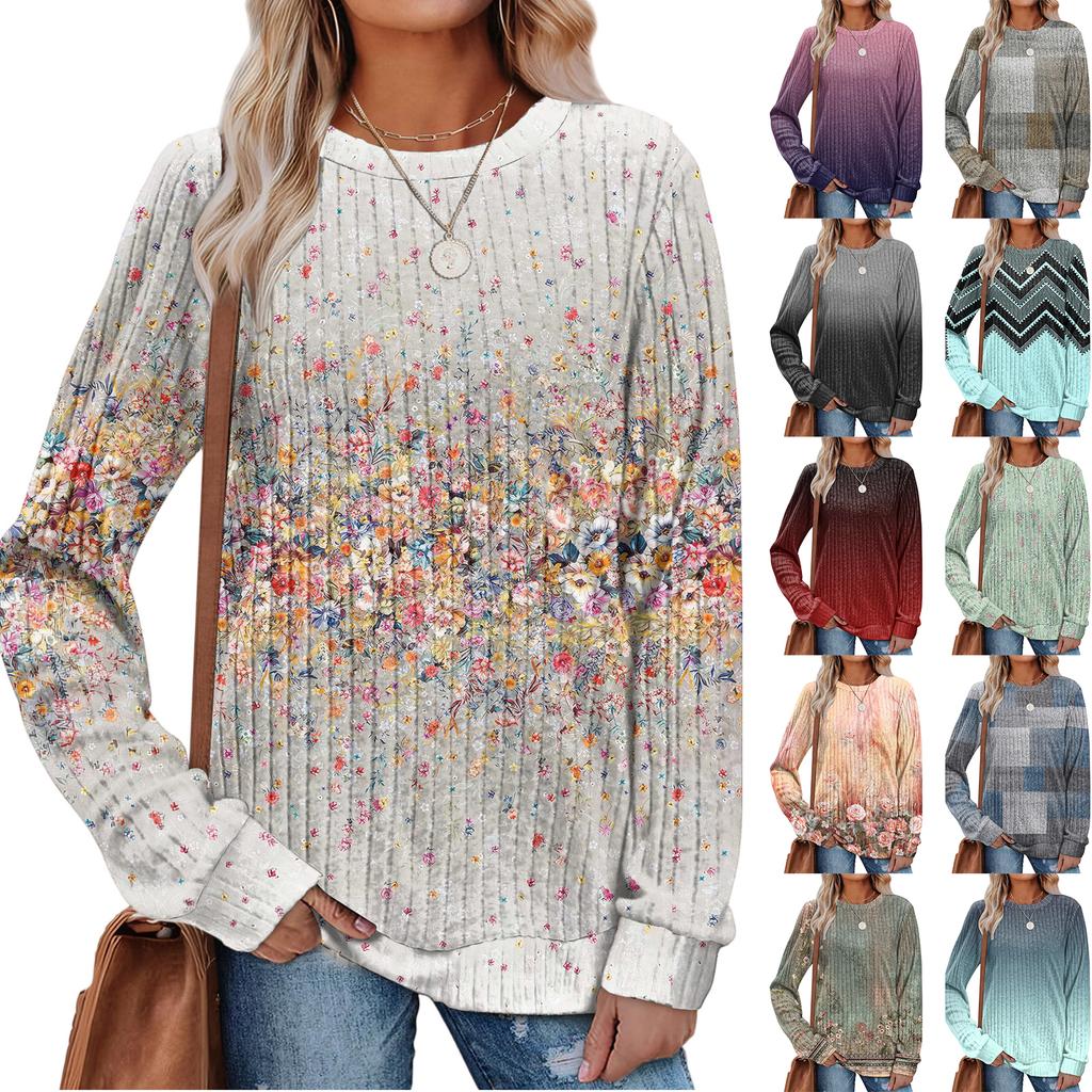 Fashionable Women's Long Sleeved Gradient Floral Print Lightweight Sweater With Loose Round Neck Top