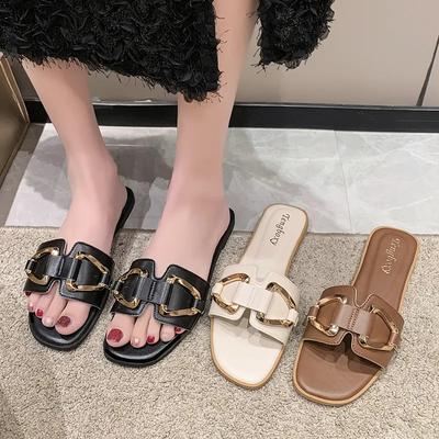 Summer Women Metal Decor Single Band Flat Sandals Open Toe Outdoors Slides Office Ladies Party Female Shoes