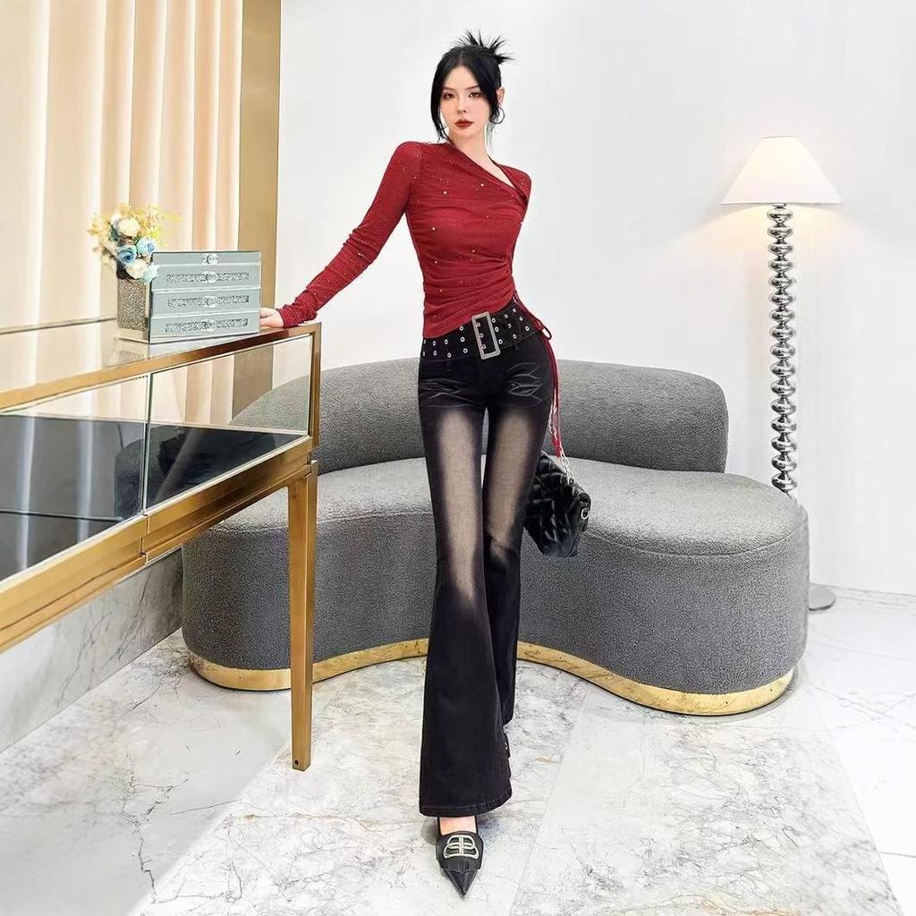 Women's Slimming Retro Flare Jeans with Wide Waistband – Versatile Floor-Length Horseshoe Pants for Spring and Autumn