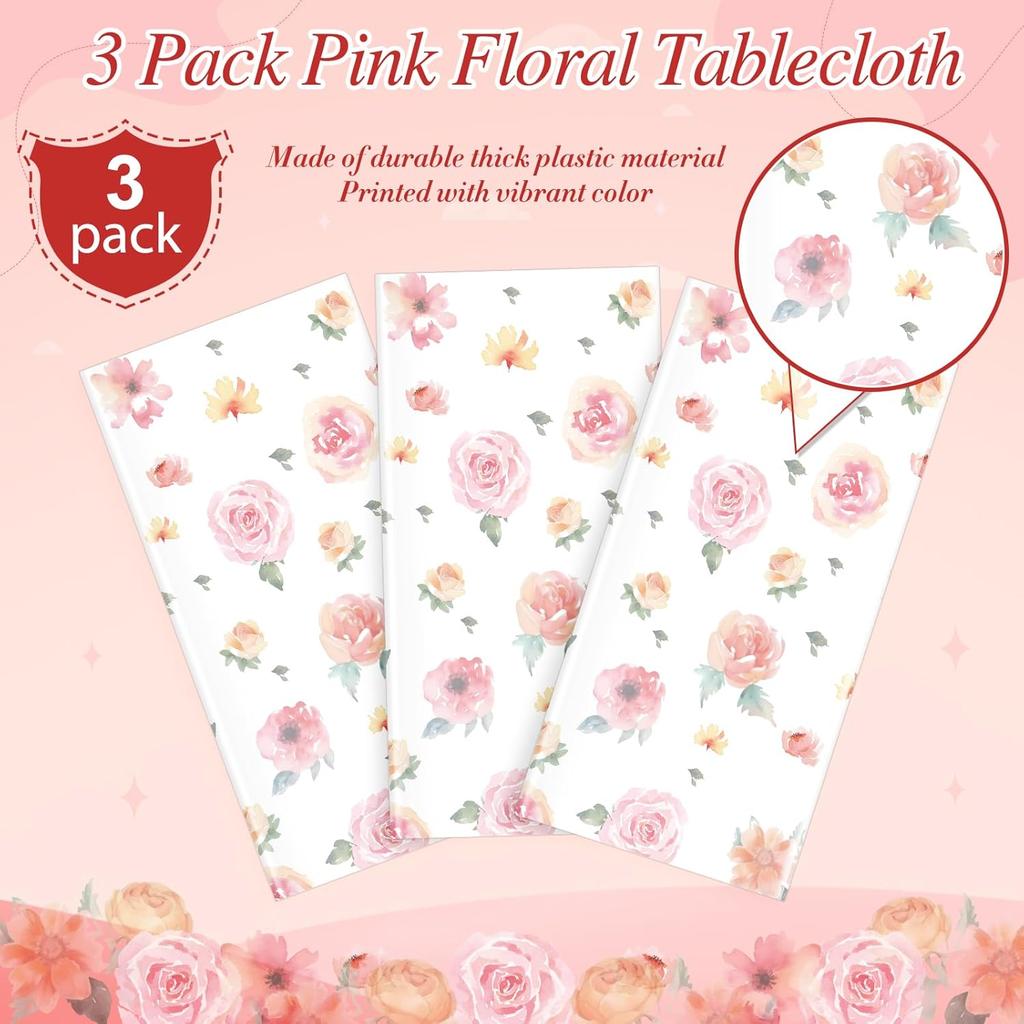 3 Pcs Spring Floral Tablecloth, Pink Wildflower Plastic Disposable Tablecloth Rectangle Table Covers for Easter, Birthday, Wedding, Baby Shower, Tea