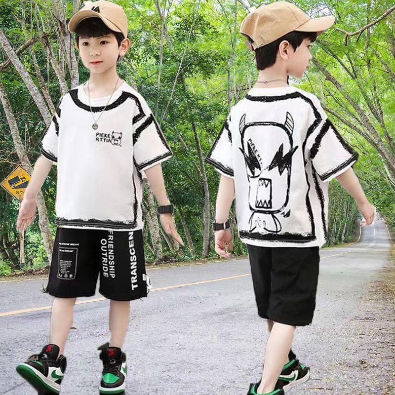 Summer Sports Set Casual Boys Cotton Contrast Alphabet Graffiti T-Shirt Top+Shorts Pant Set School Kids Tracksuit Child Two Piece Set
