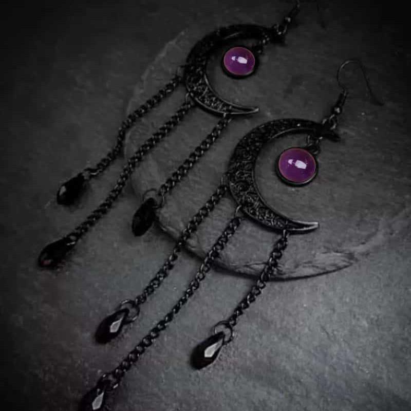 Purple Gem Moon Black Dangle Earrings