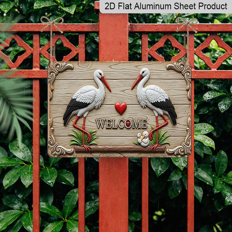 2D Flat 1pc Welcome Sign with Storks and Heart | Manufactured Aluminium, Vintage Style, Wall Hanging, Multipurpose Decor for Christmas, Halloween