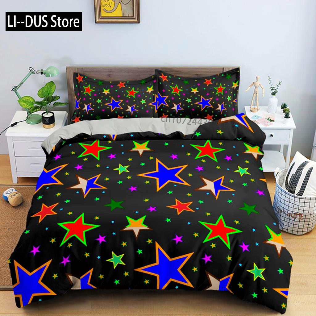 Juego de Funda Nórdica de Estrellas Coloridas Microfibra Estrellas Amarillas Rosas Juego de Cama Suave Tamaño Individual King Queen Twin 2/3 piezas Funda de Edredón
