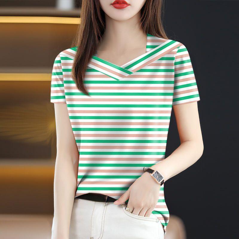 

Летняя женская хлопковая футболка с коротким рукавом и V-образным вырезом, полосатый топ 4XL