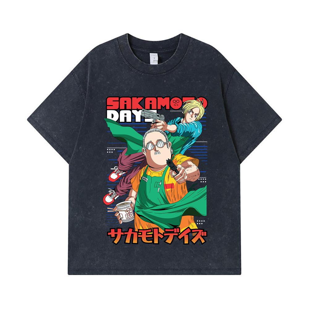 275 GSM Washed T-shirts 100% Cotton Sakamoto Days V3 Taro Shin Print Unisex Heavy Cotton T Shirt