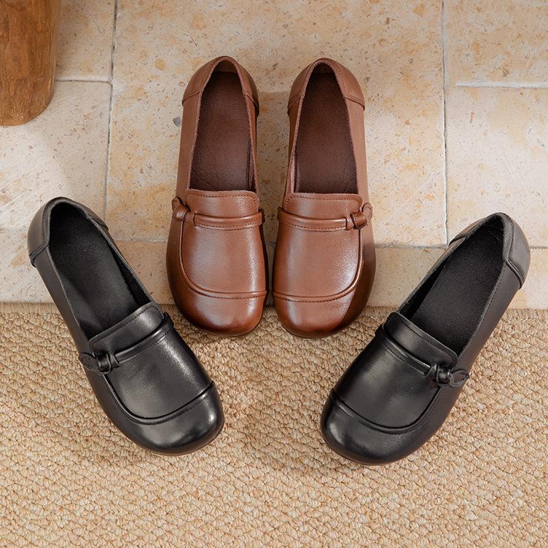 Spring New Leather Soft-soled Mother Shoes Retro Cowhide Ethnic Wind Non-slip Thick Heel Women's Single Shoes