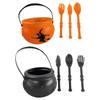 Halloween Candy Bucket and Cutlery Set Plastic Witch Cauldron Treat Container with Handle For Halloween Party Decoration