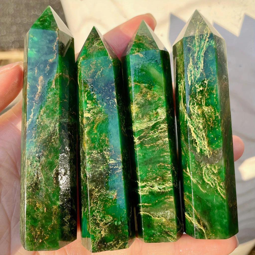 Emerald and Golden Green Aventurine Hexagonal Column Polished Ornament