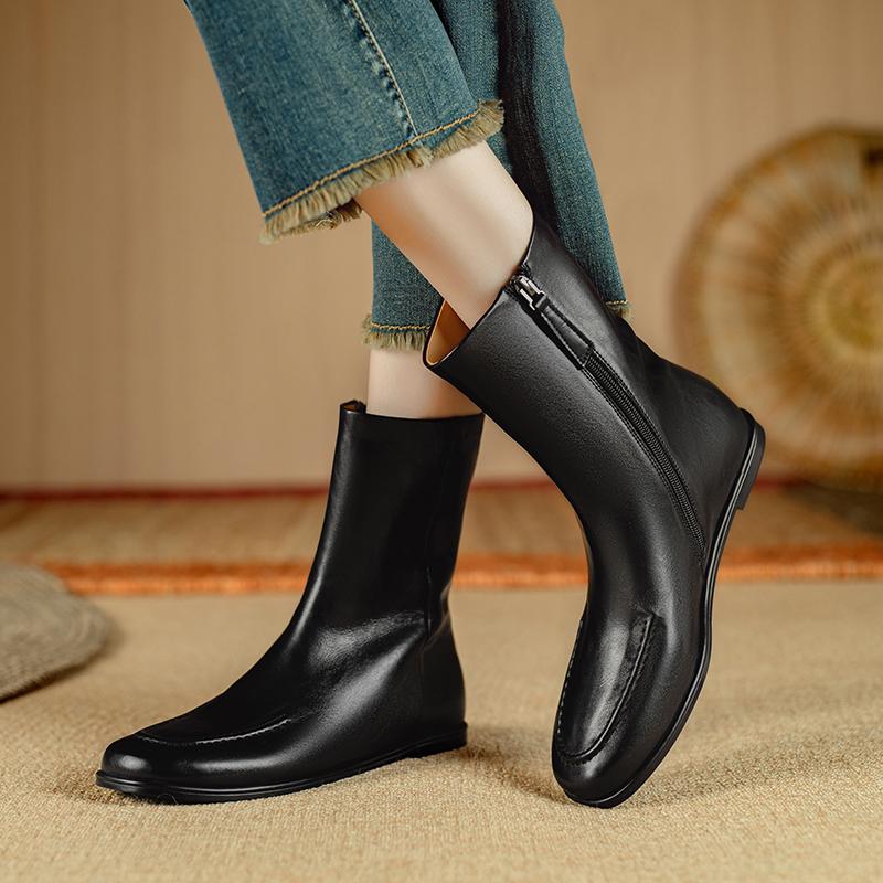 Fashion 2025 New Autumn/Winter Split Leather Women Boots Round Toe Flat with Heel Mid-calf Boots Modern Motorcycle Boots Ladies Shoes