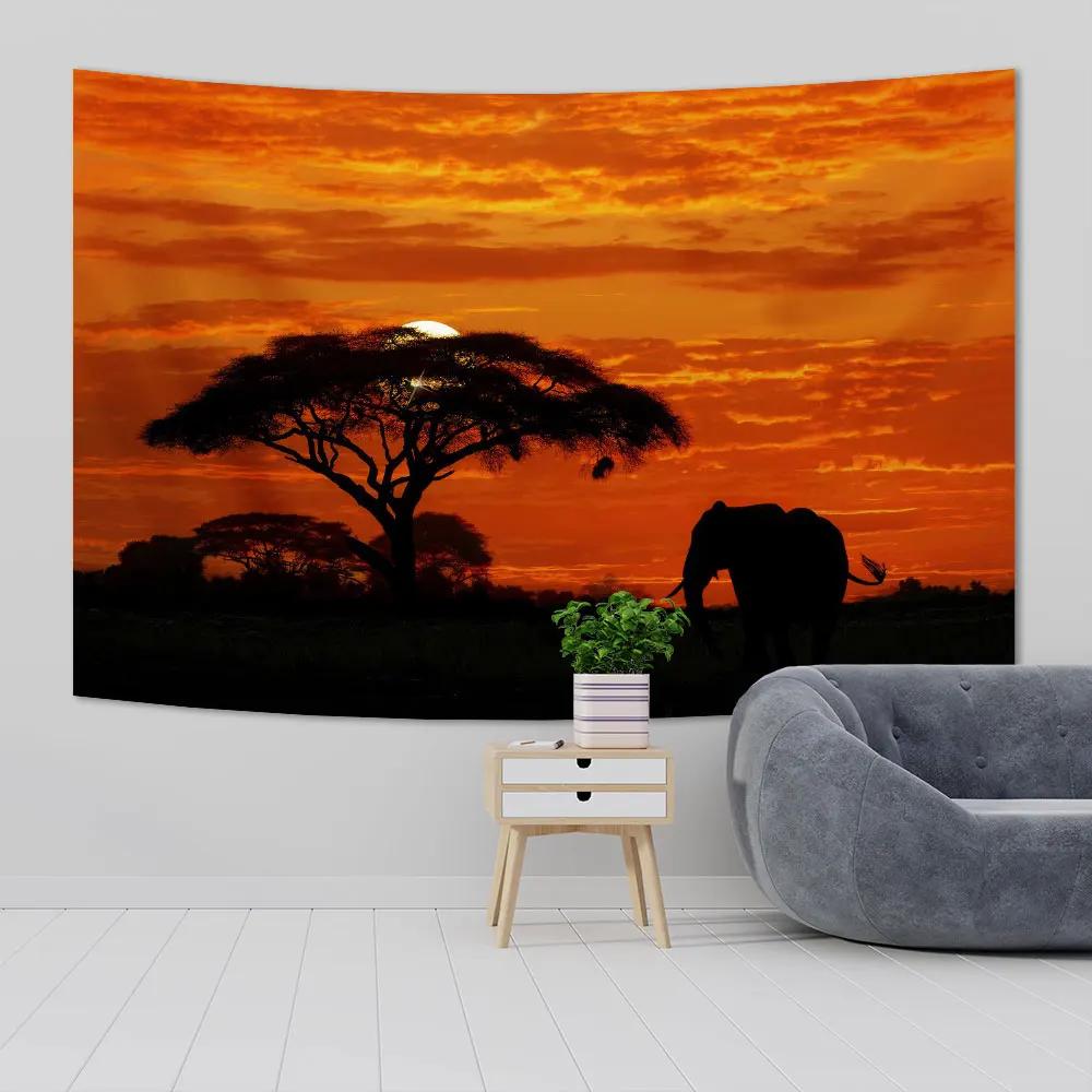 African QdDeco Grassland Scenery Tapestries Wall Hanging Elephant And Deer Sunset Landscape Printed Cloth Home Decor