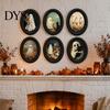 Oval Wood Picture Frame Halloween Gothic Wooden Hanging Plaque, Vintage Black Cat Ghost Wall Sweet Cool Sign Sign, Retro Waterproof Decorative Art for