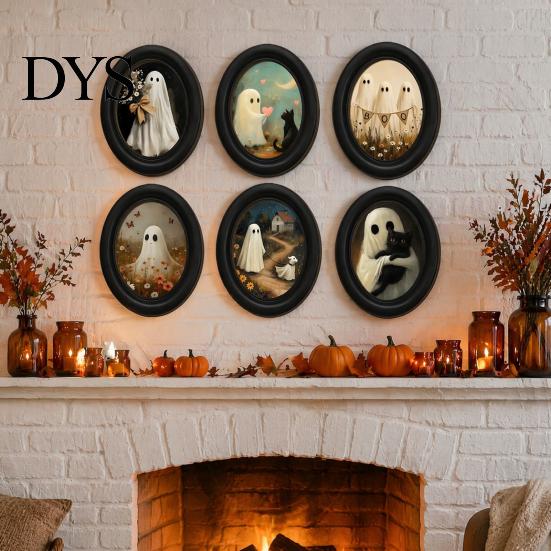 Oval Wood Picture Frame Halloween Gothic Wooden Hanging Plaque, Vintage Black Cat Ghost Wall Sweet Cool Sign Sign, Retro Waterproof Decorative Art for