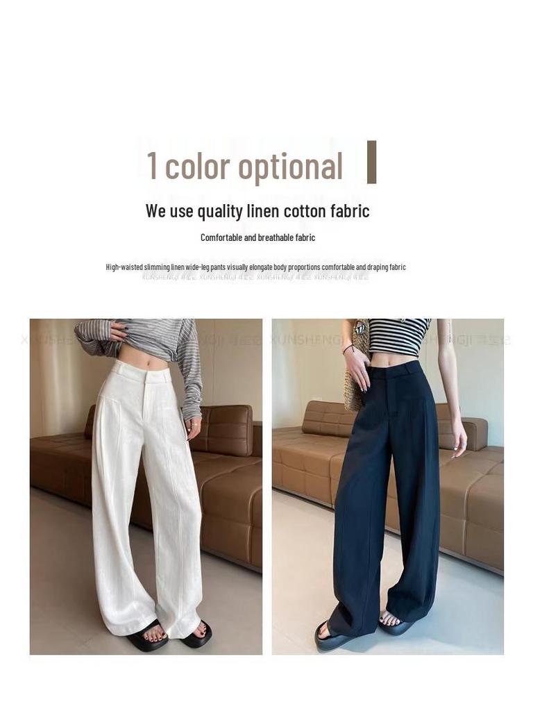 Women's High-Waisted Wide-Leg Linen Pants - White Summer Drape Style