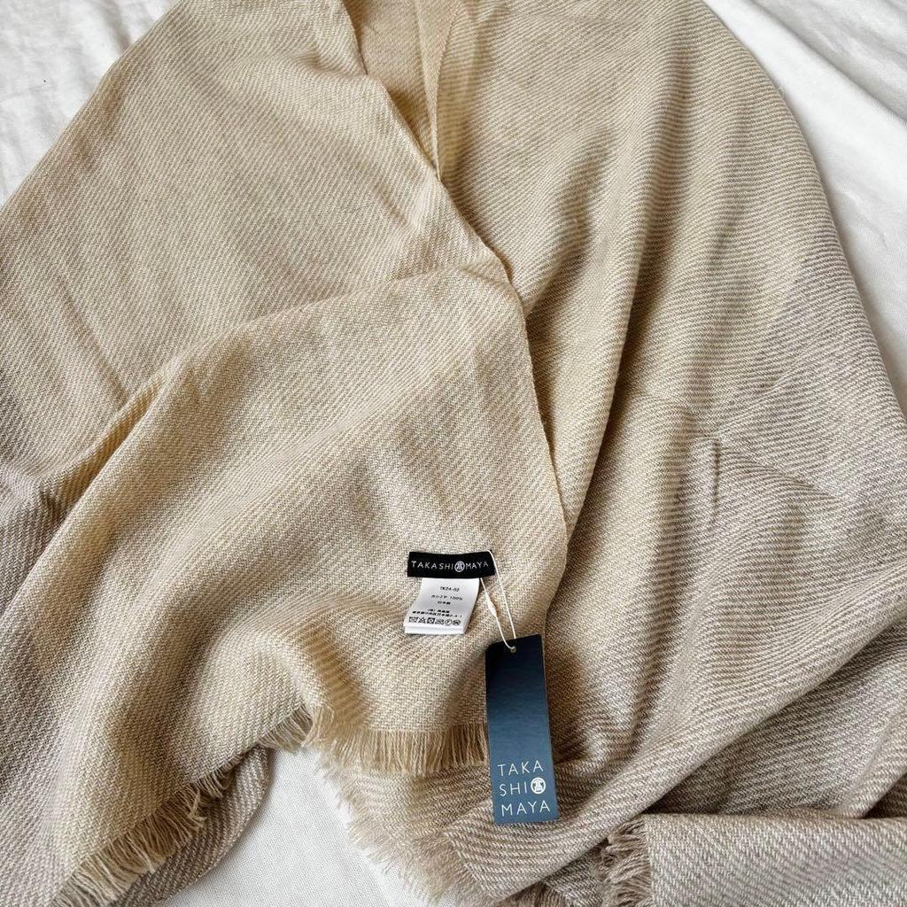 Used Takashimaya 100% Cashmere Stole, Made in Japan, Planned and Developed Product, Beige Brown