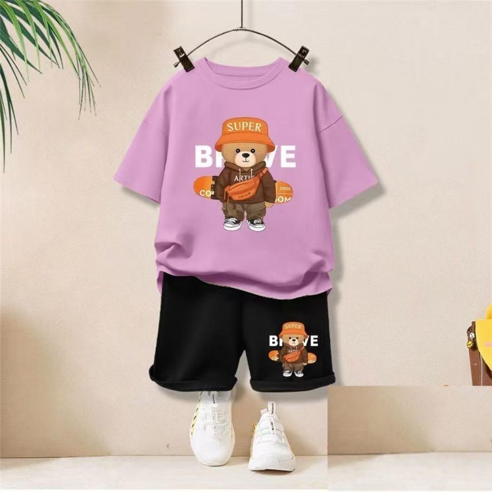 Комплект для мальчика, детский комплект с коротким рукавом, рисунок с мишкой 140