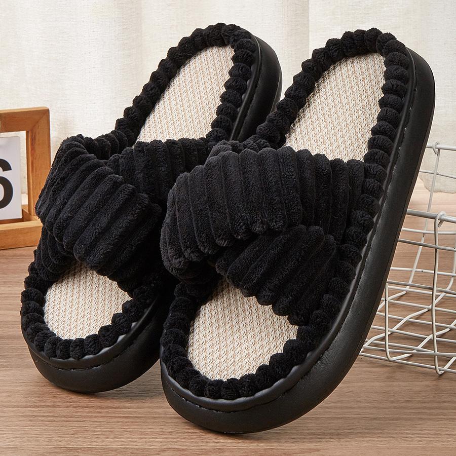 

Зимние однотонные льняные тапочки, женские домашние тапочки, с открытым носком, с перекрестной полосой, льняные подошвы, домашние шлепанцы, нескользящие домашние тапочки на платформе 36-37