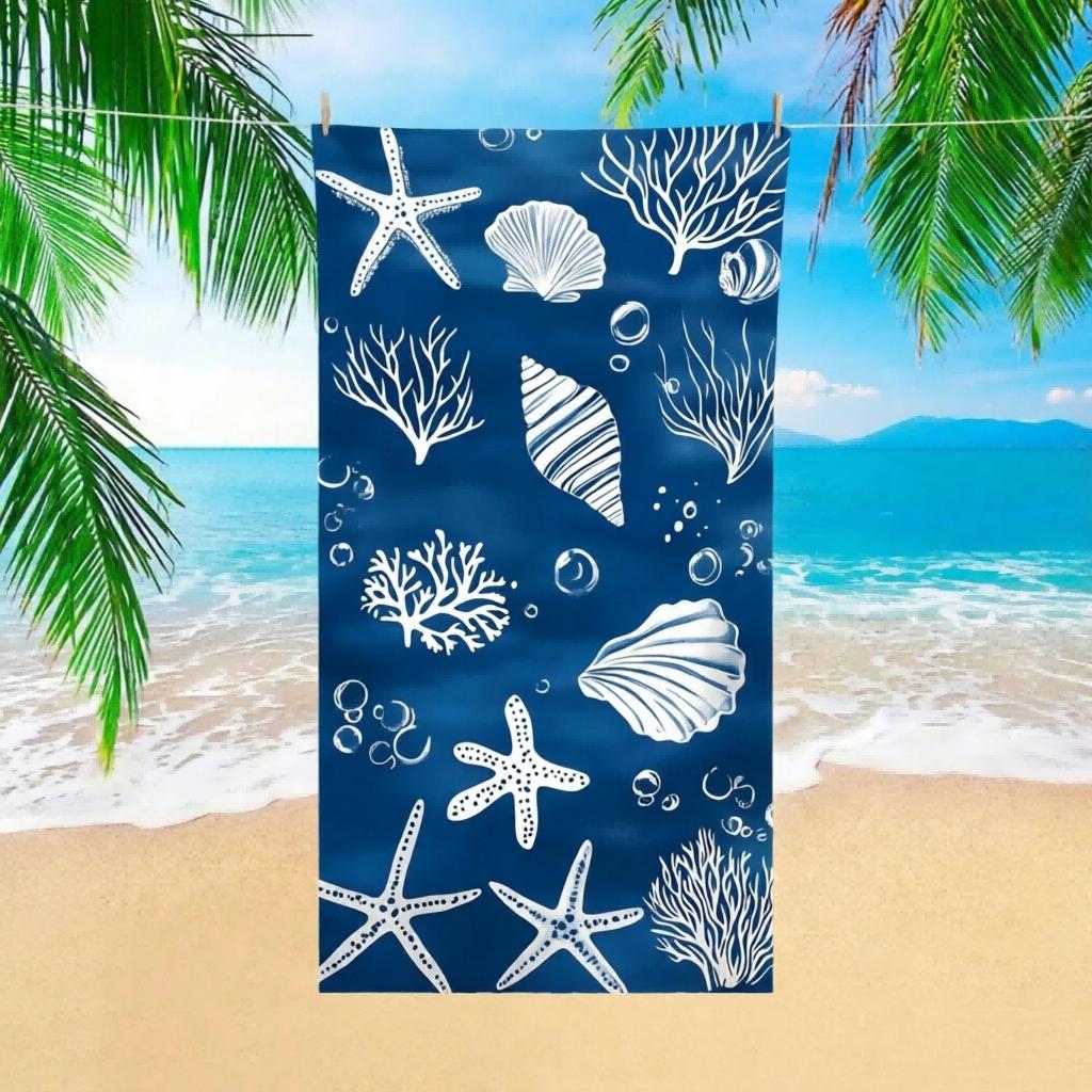 1pc Blue Quick-Dry Beach Towel, Shell Starfish Coral Print, Large Multifunctional Mat for Yoga, Travel, Camping, Swimming
