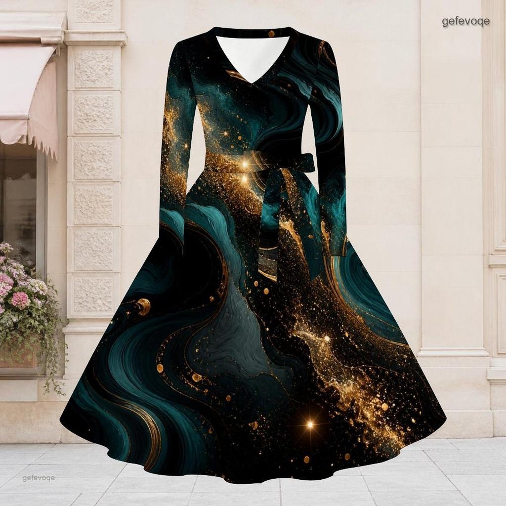 Women Plus Size V Neck Long Sleeve Teal Brown Printed A Line Flared Dress With Belt