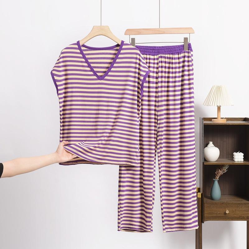 Frühlings- und Sommer-Neues Retro-Gestreiftes V-Ausschnitt Kurzarm-Shorts-Set, Locker und Lässig Übergröße Dünne Hausbekleidung