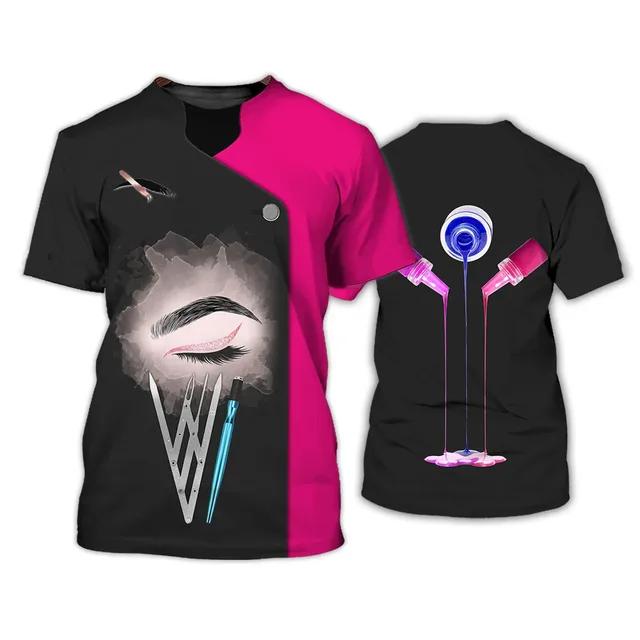 2024 New Women's Short Sleeve Beautician T-shirt Custom 3D Printed Casual Hairdresser Uniform Makeup Artist Short Sleeve