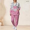 Women Plus Size Star Print Nurse Scrub Set V Neck Long Sleeve Pockets Red Blue White Two Piece