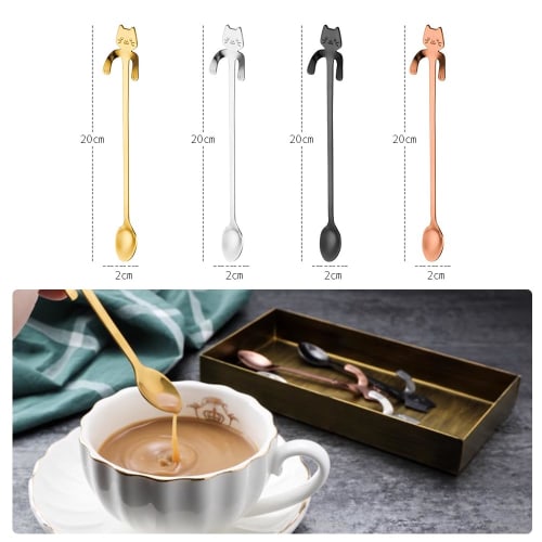 Stainless steel long spoon with cat design, perfect for home use (silver, gold, pink, and black, 20cm)
